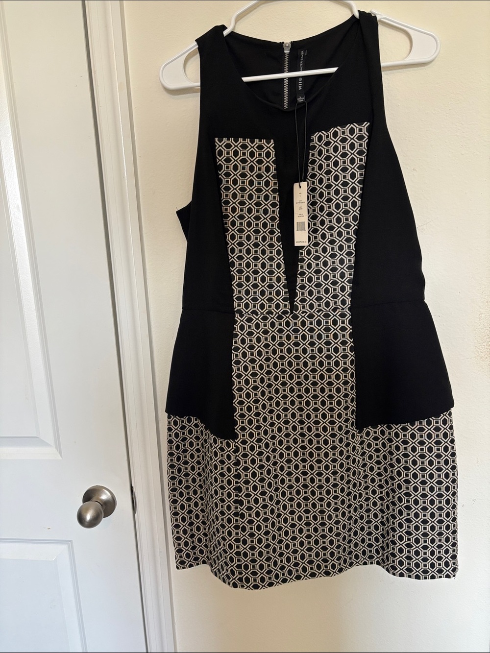 W118 by Walter Baker Black and Cream Geometric Peplum Dress